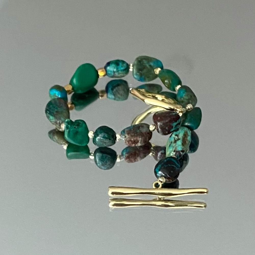 Raw African Turquoise Bracelet with Gold Toggle Clasp